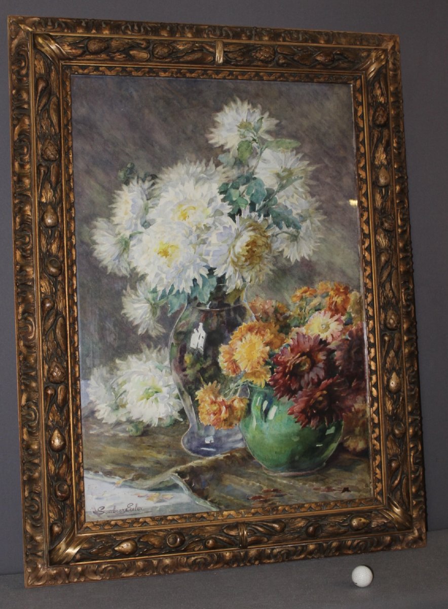 Bouquet de dahlias , Aquarelle par Marie Saubiez-Euler vers 1900