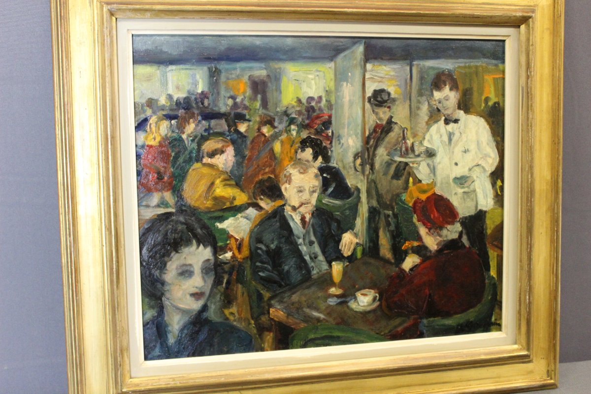 Huile sur Panneau " Café de Paris " par Henriette Germain -photo-3