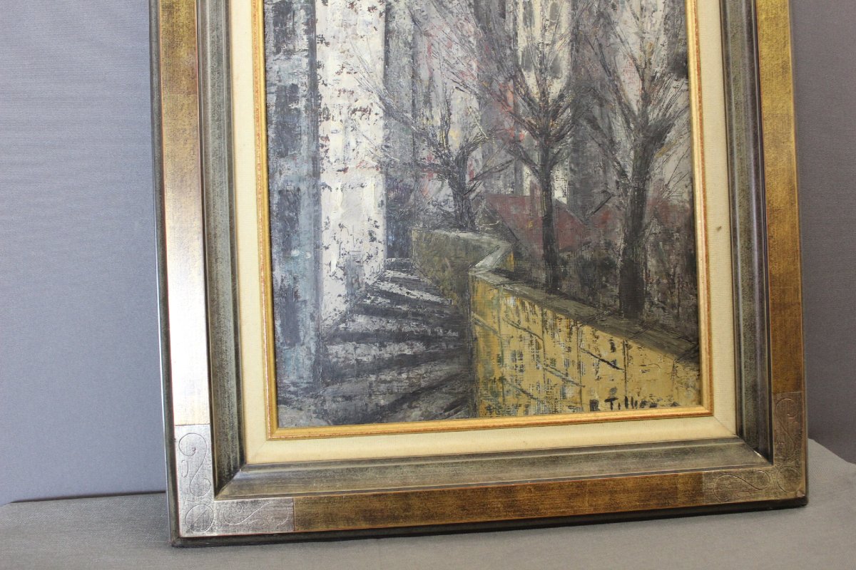 Huile sur Panneau , Vue de la Ville , par R. Tillier 1954-photo-4