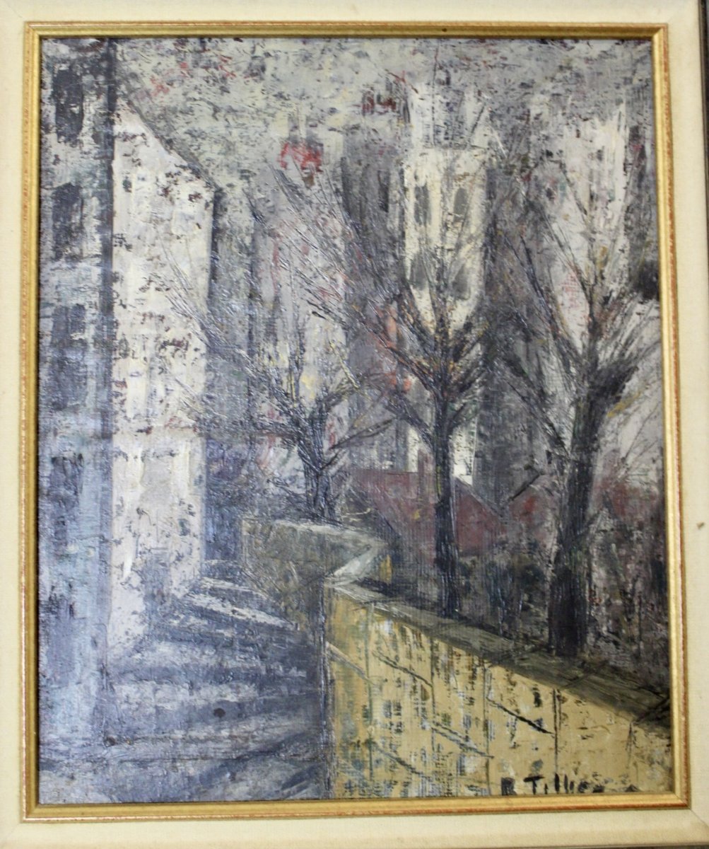 Huile sur Panneau , Vue de la Ville , par R. Tillier 1954-photo-1