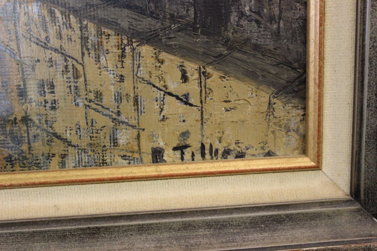 Huile sur Panneau , Vue de la Ville , par R. Tillier 1954-photo-2