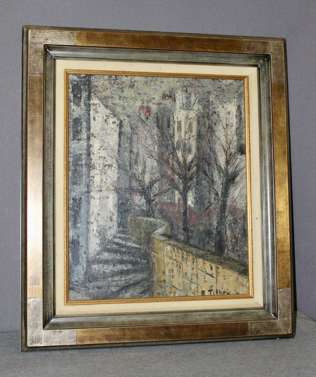 Huile sur Panneau , Vue de la Ville , par R. Tillier 1954