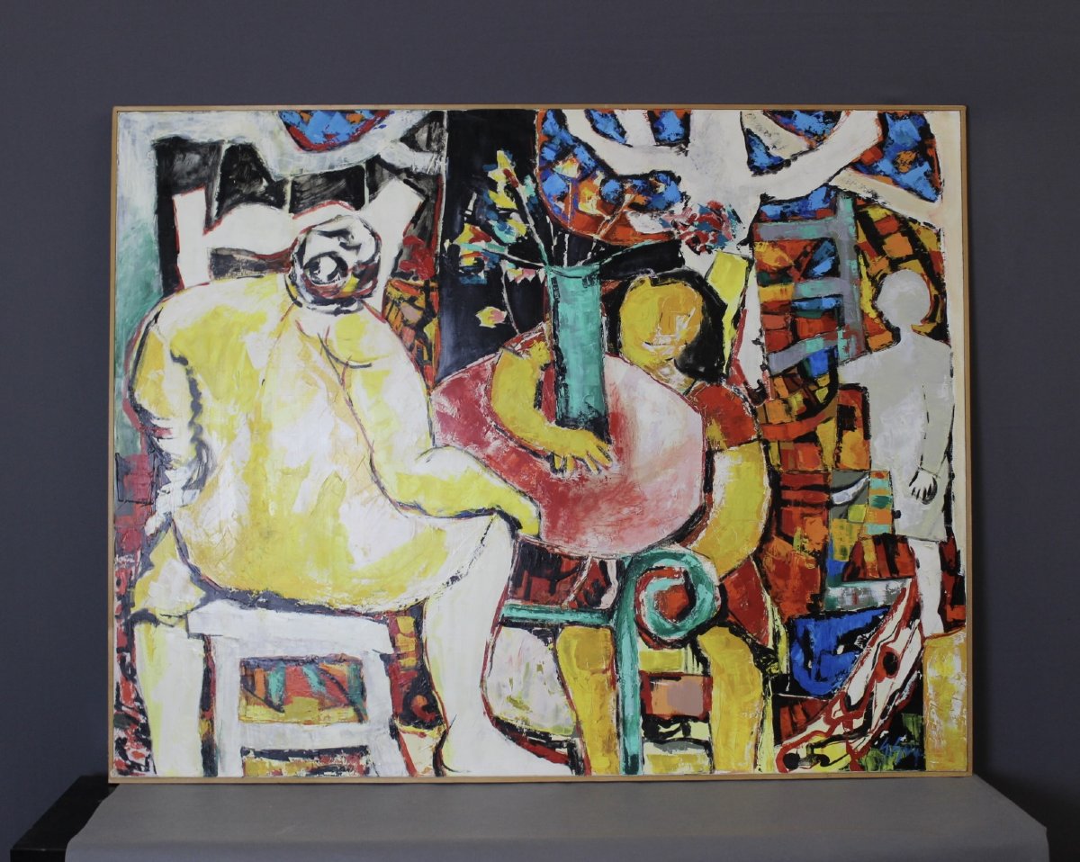 Huile sur toile Titré "Bavardage" par Gabriel Guy 