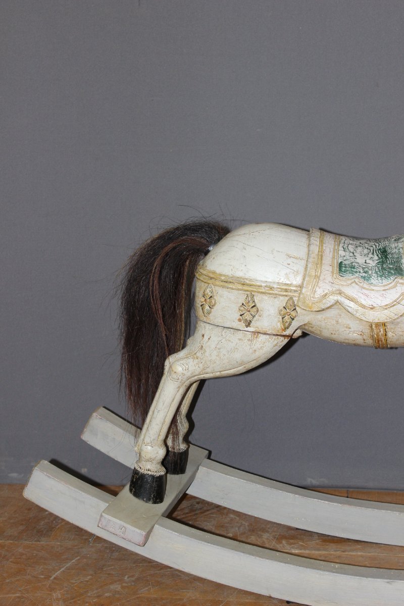 Early 20th-century Polychrome Carved Wooden Rocking Horse-photo-3