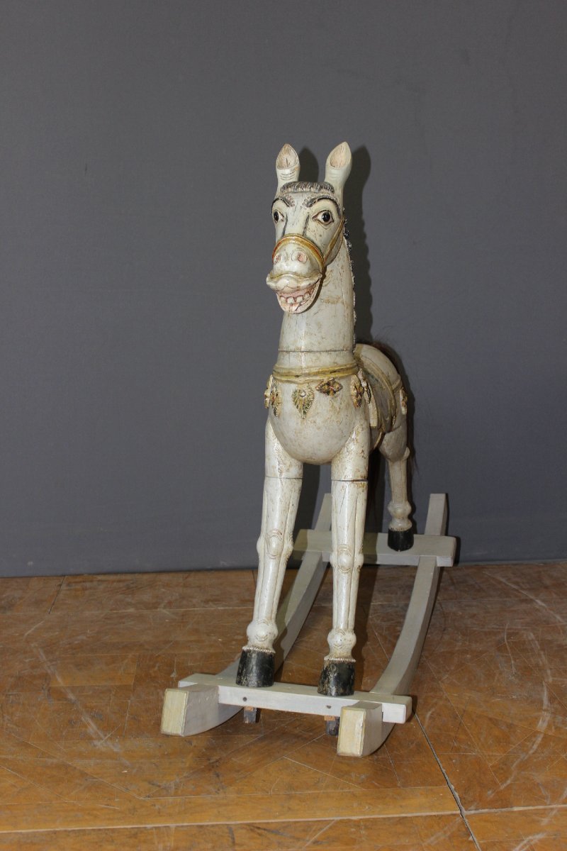 Early 20th-century Polychrome Carved Wooden Rocking Horse-photo-4