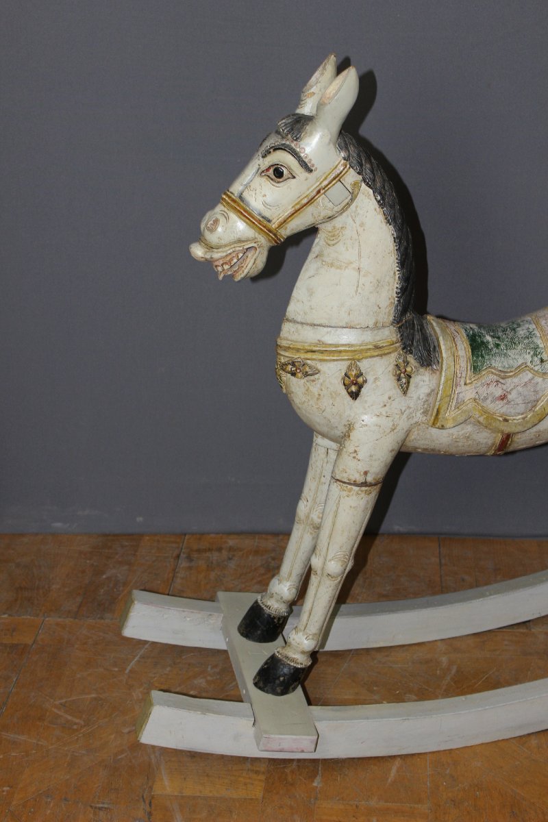 Early 20th-century Polychrome Carved Wooden Rocking Horse-photo-8