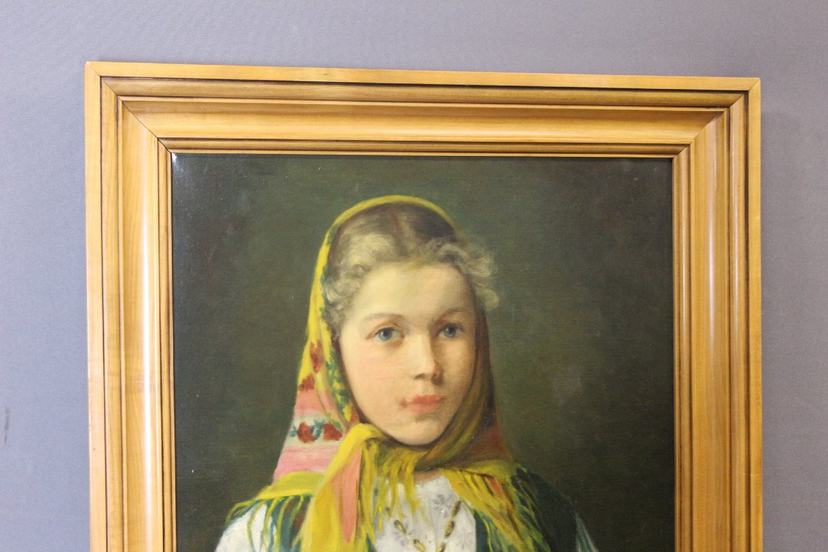 Oil On Canvas, "young Girl With A Scarf," Circa 1940-photo-2