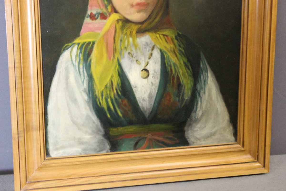 Oil On Canvas, "young Girl With A Scarf," Circa 1940-photo-4