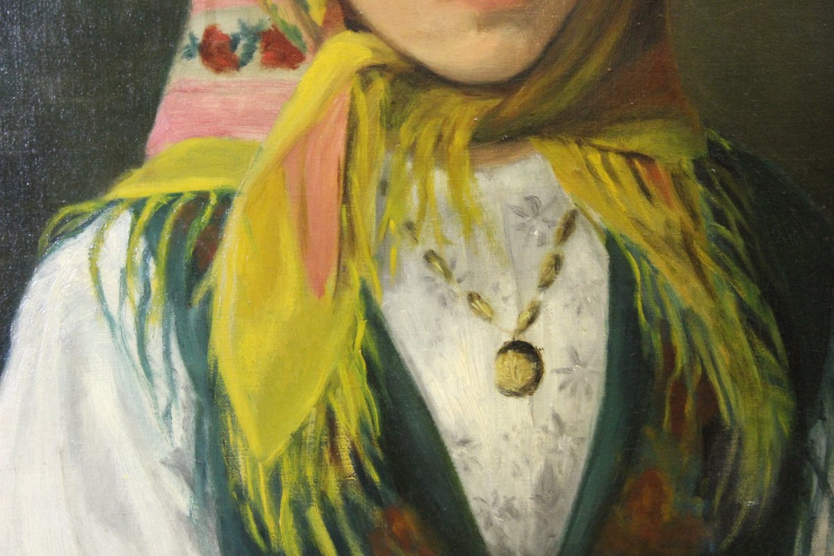 Oil On Canvas, "young Girl With A Scarf," Circa 1940-photo-1