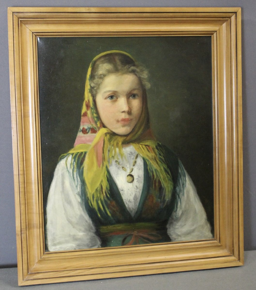 Oil On Canvas, "young Girl With A Scarf," Circa 1940-photo-2