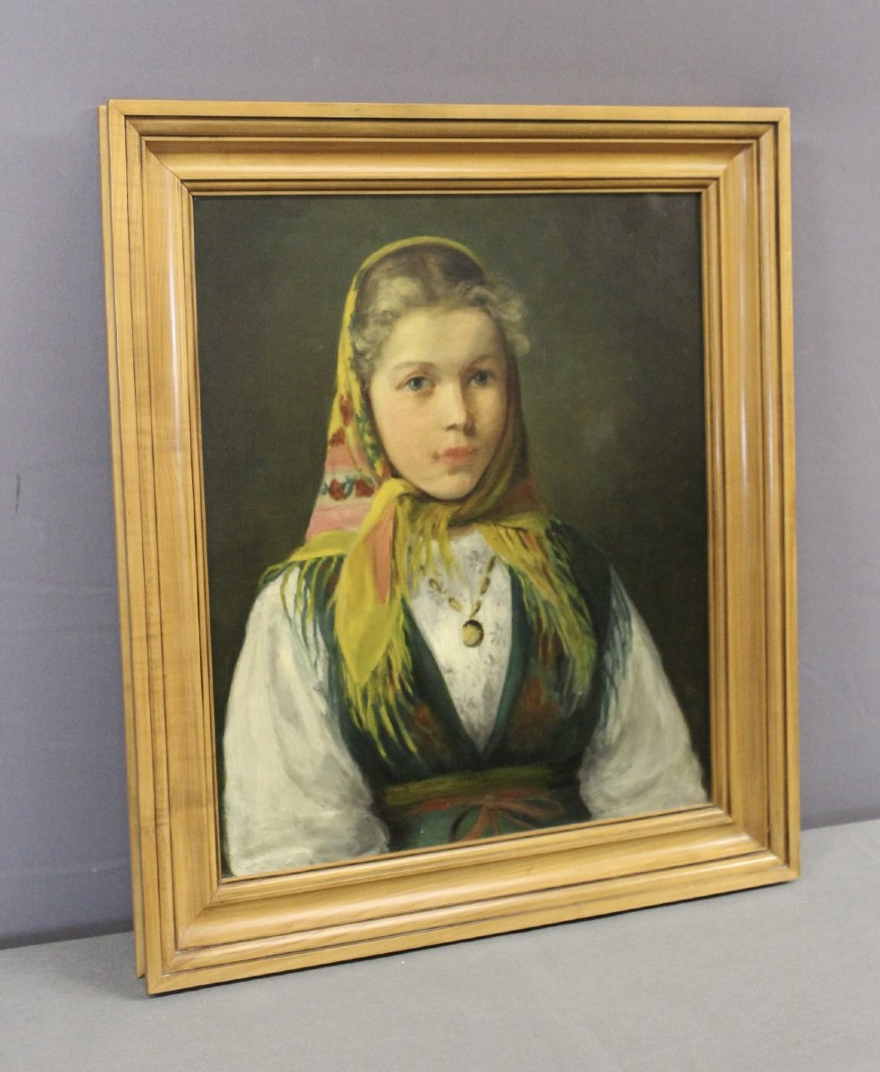 Oil On Canvas, "young Girl With A Scarf," Circa 1940-photo-3