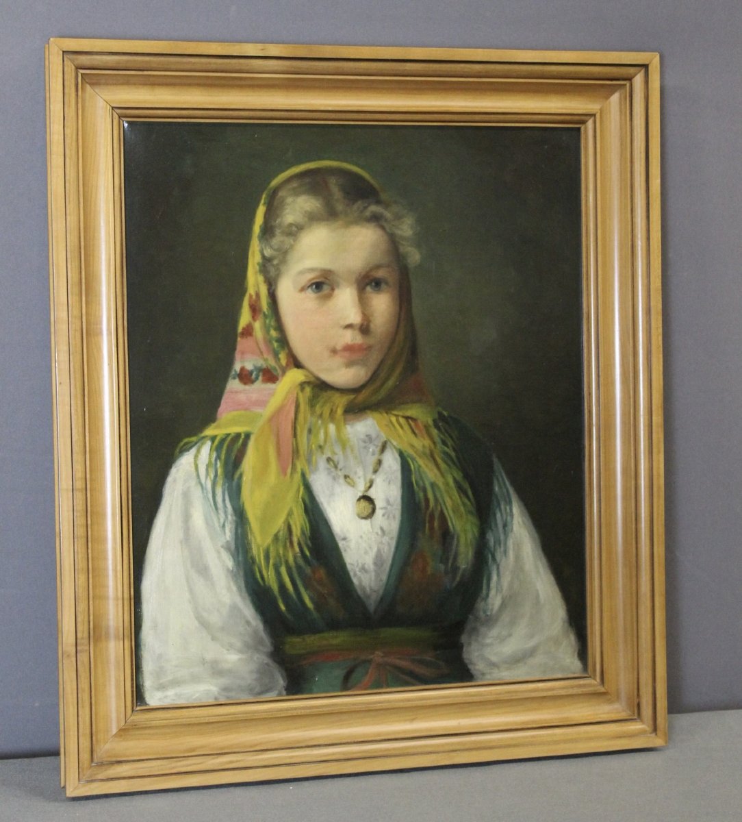 Oil On Canvas, "young Girl With A Scarf," Circa 1940
