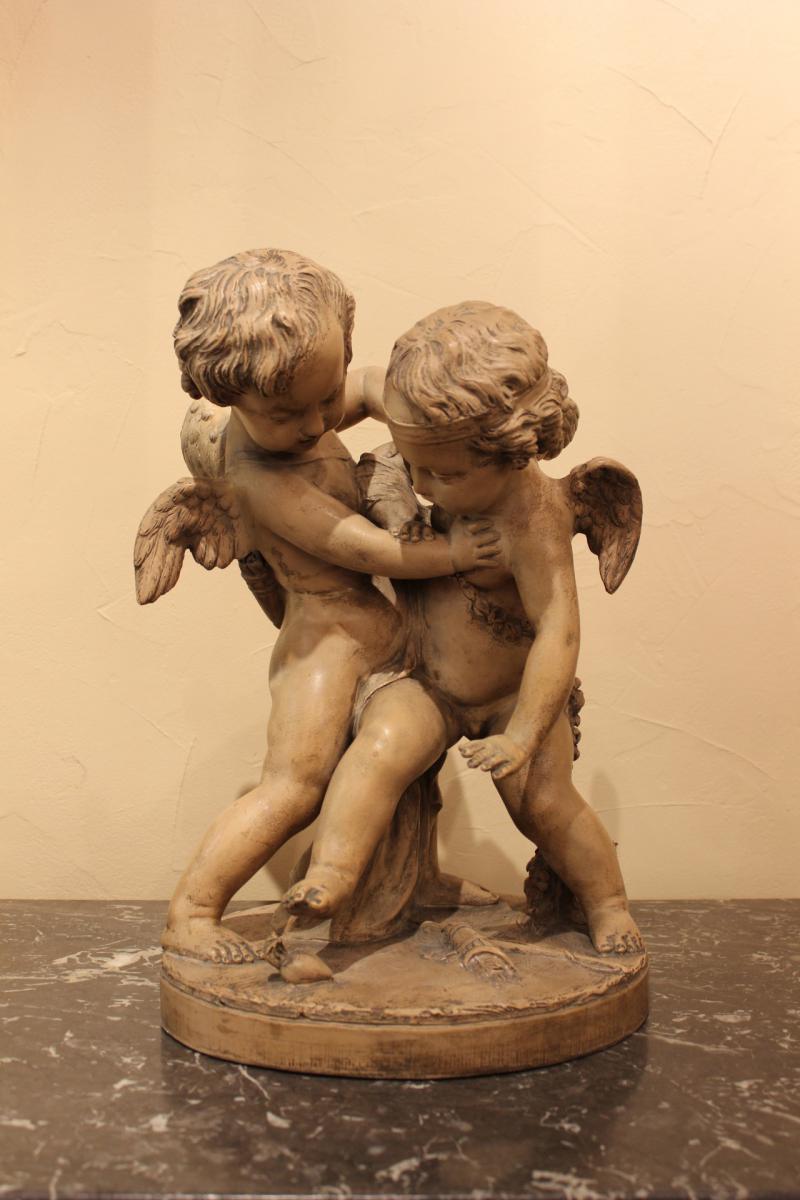 Sculpture d'Angelots En Terre Cuite 