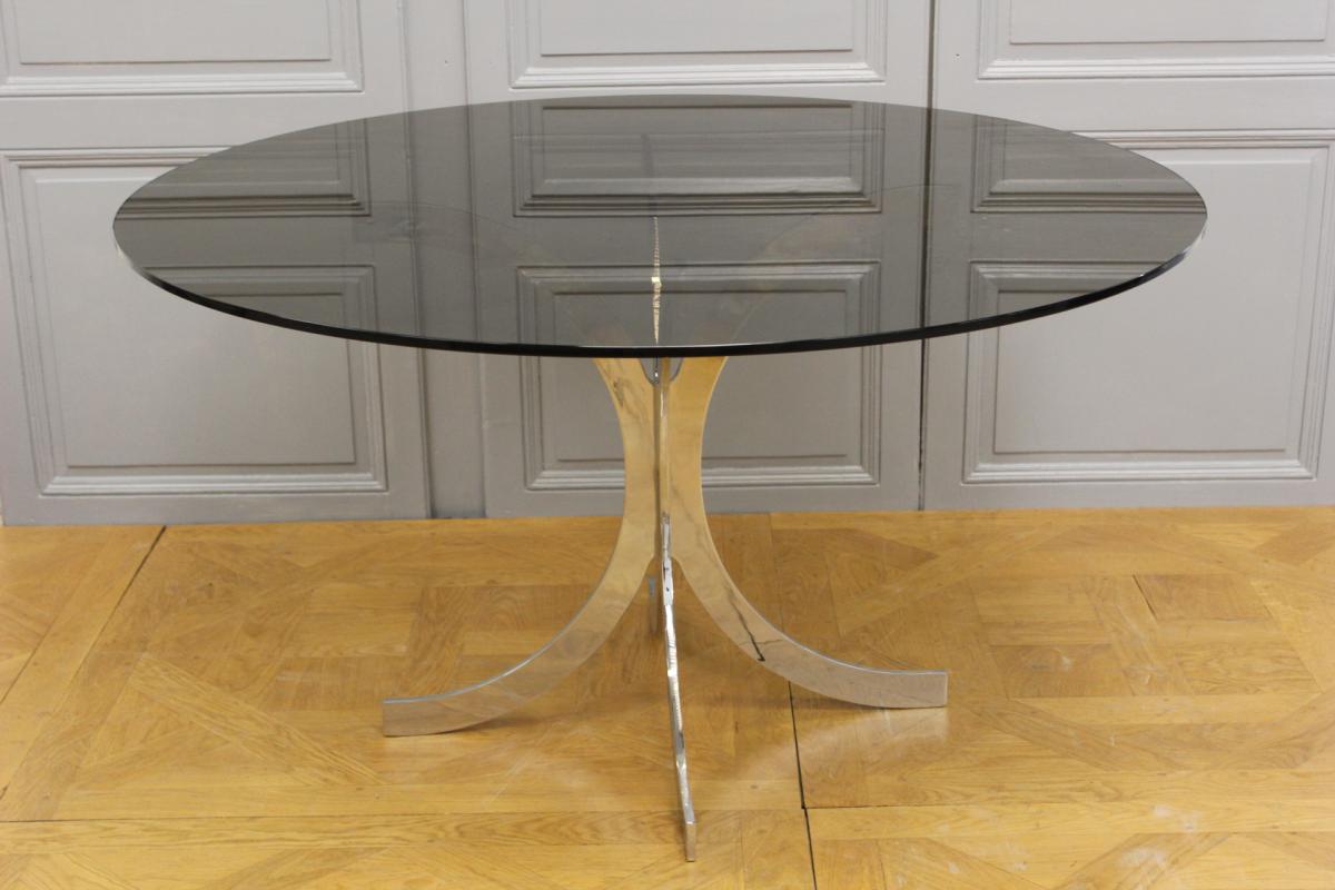 Table 1970 En Acier Chromé Et Verre Fumé