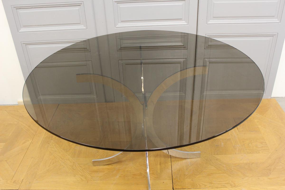 Table 1970 En Acier Chromé Et Verre Fumé-photo-2