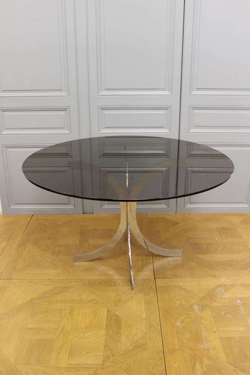 Table 1970 En Acier Chromé Et Verre Fumé-photo-3