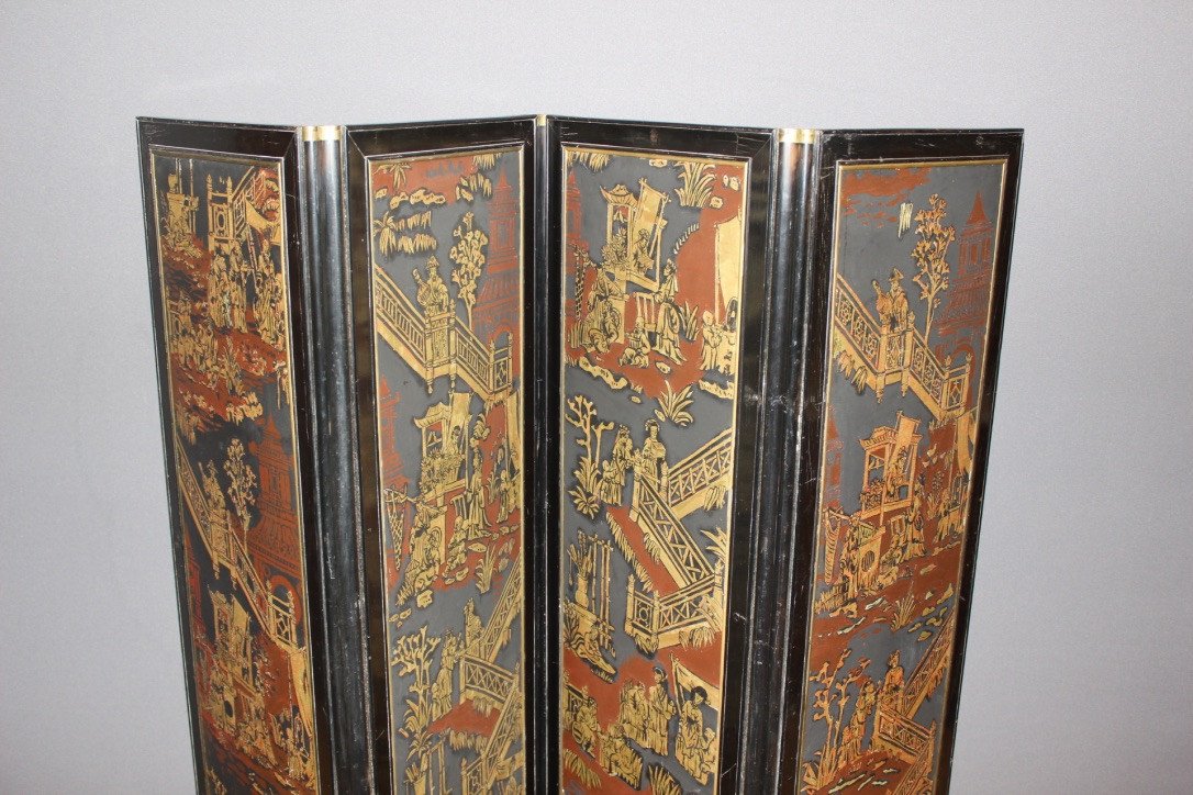 Screen With Japanese Decor And Black Lacquer End XIX-photo-2