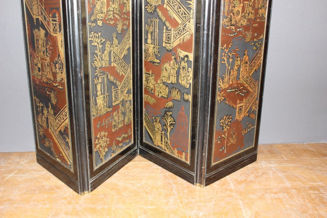 Screen With Japanese Decor And Black Lacquer End XIX-photo-3