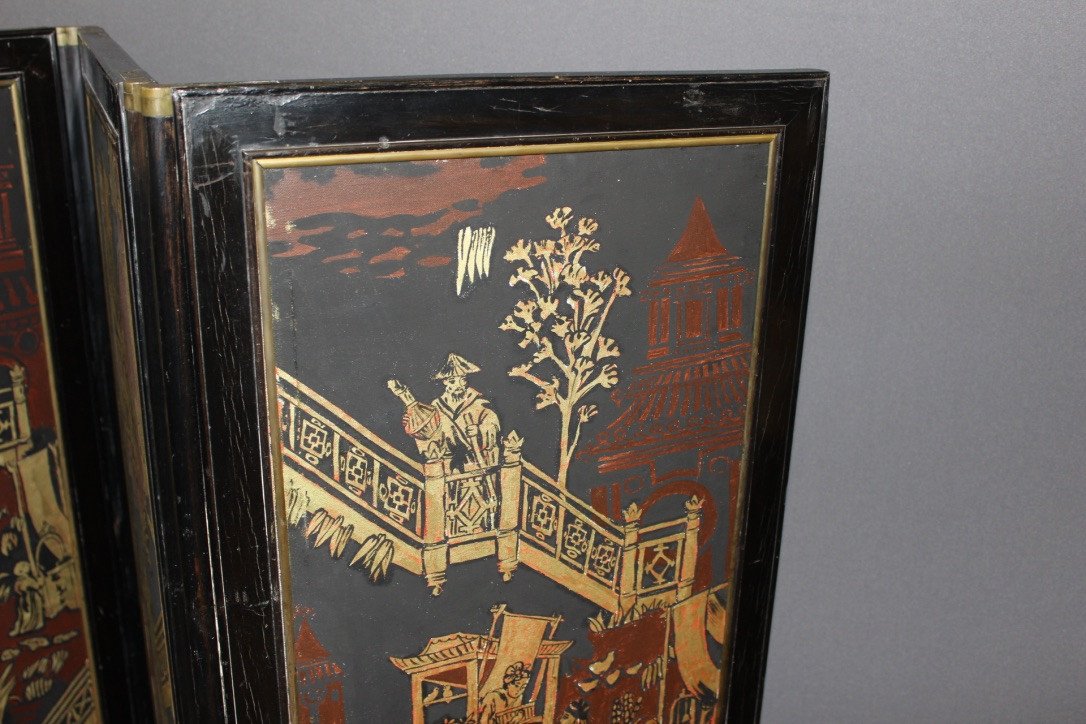 Screen With Japanese Decor And Black Lacquer End XIX-photo-1