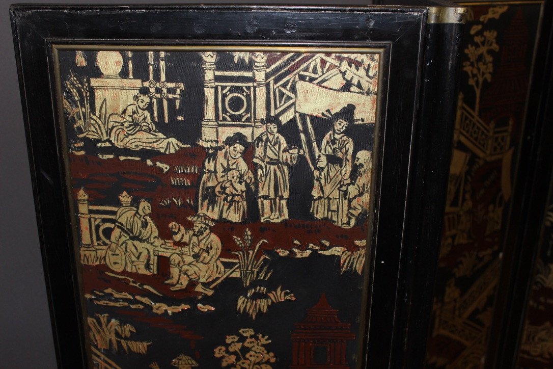 Screen With Japanese Decor And Black Lacquer End XIX-photo-4