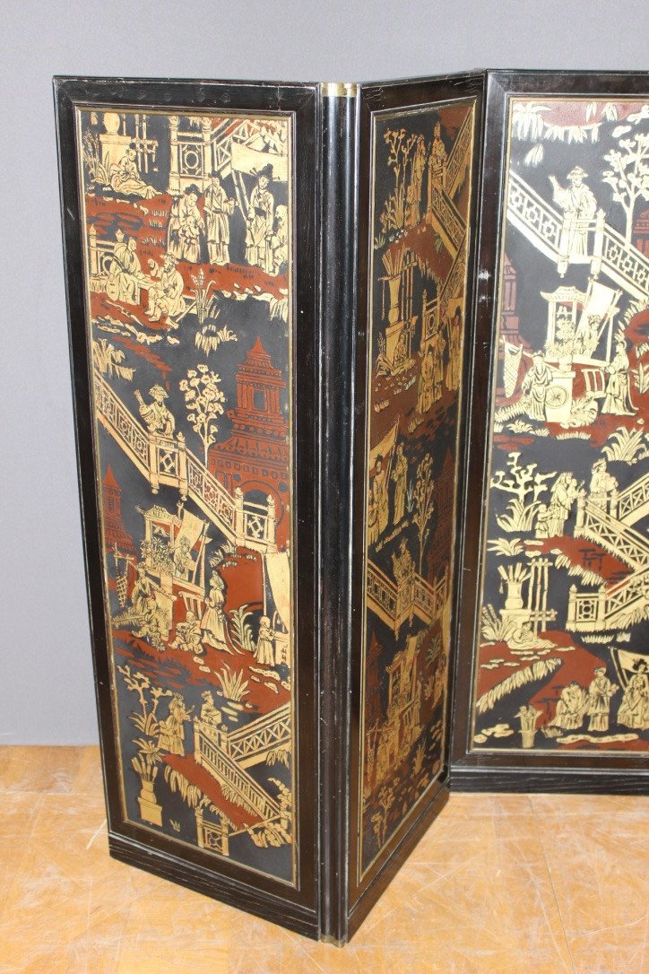Screen With Japanese Decor And Black Lacquer End XIX-photo-5