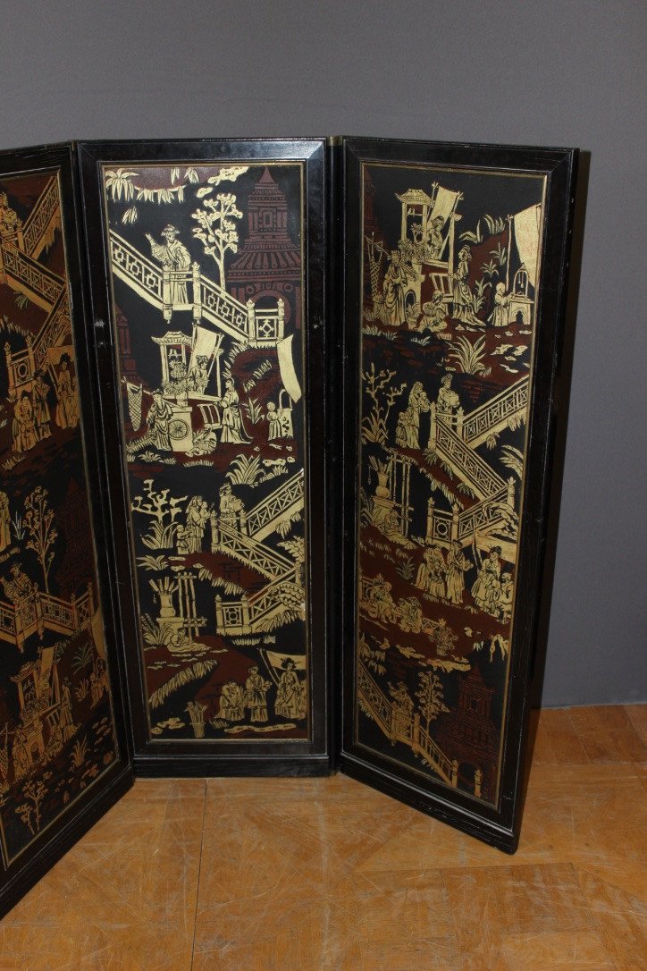 Screen With Japanese Decor And Black Lacquer End XIX-photo-6