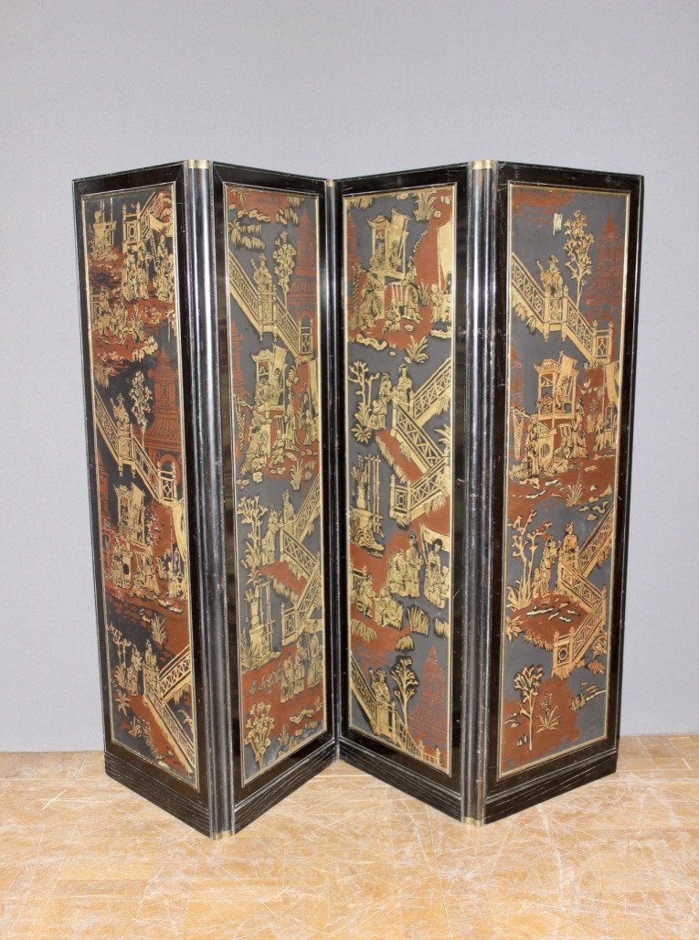 Screen With Japanese Decor And Black Lacquer End XIX-photo-7
