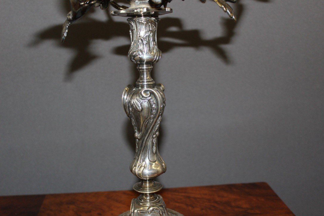 Paire De Bougeoirs De Style Louis XV En Bronze Argenté XIX-photo-3