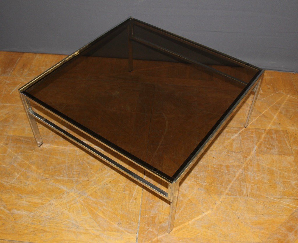 Coffee Table In Chrome And Smoked Glass Around 1970-photo-1