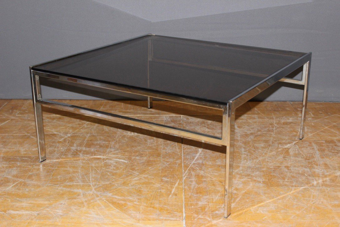 Coffee Table In Chrome And Smoked Glass Around 1970