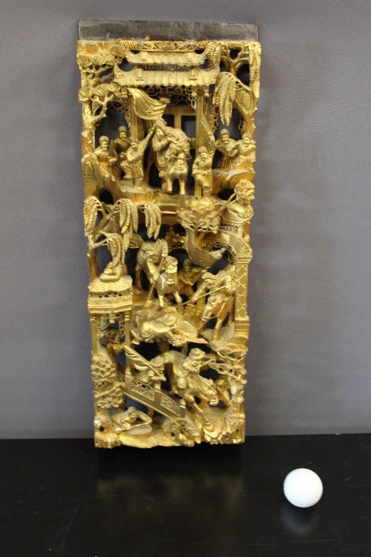 Haut Relief En Bois Sculpté Et Doré Chine XX-photo-7