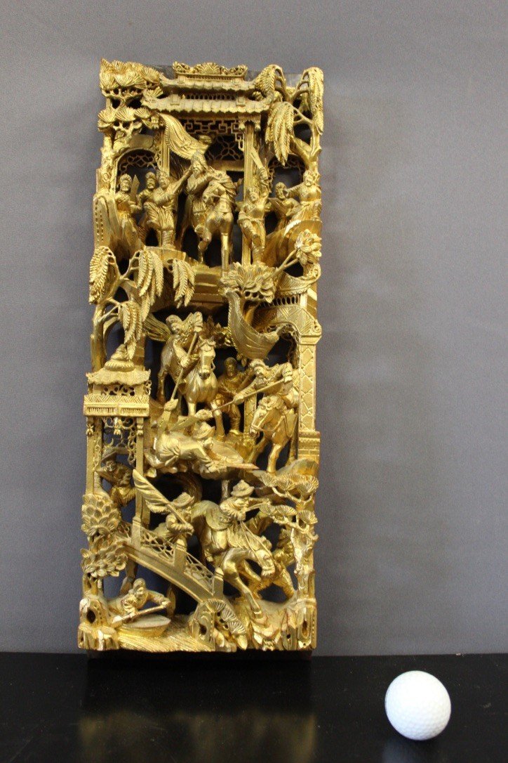 Haut Relief En Bois Sculpté Et Doré Chine XX-photo-8