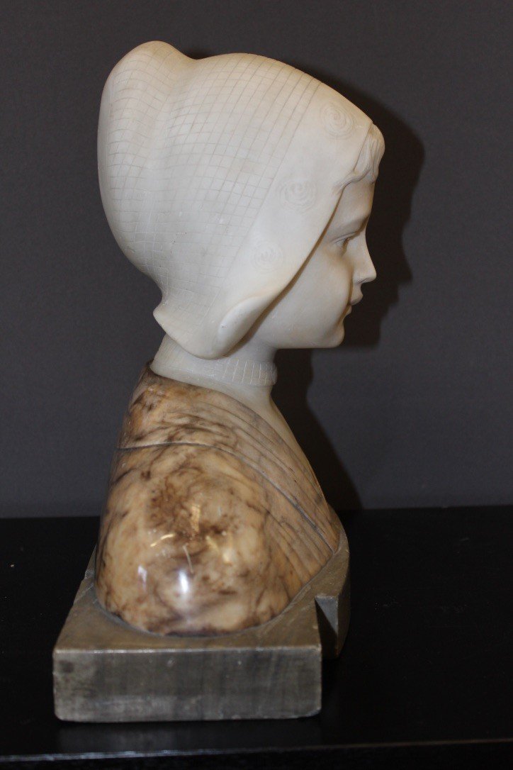 Buste En Albâtre Et Marbre Figurant Une Hollandaise Vers 1900-photo-4