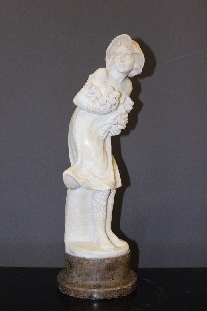 Alabaster Sculpture Representing A Young Woman With Roses Around 1900-photo-8