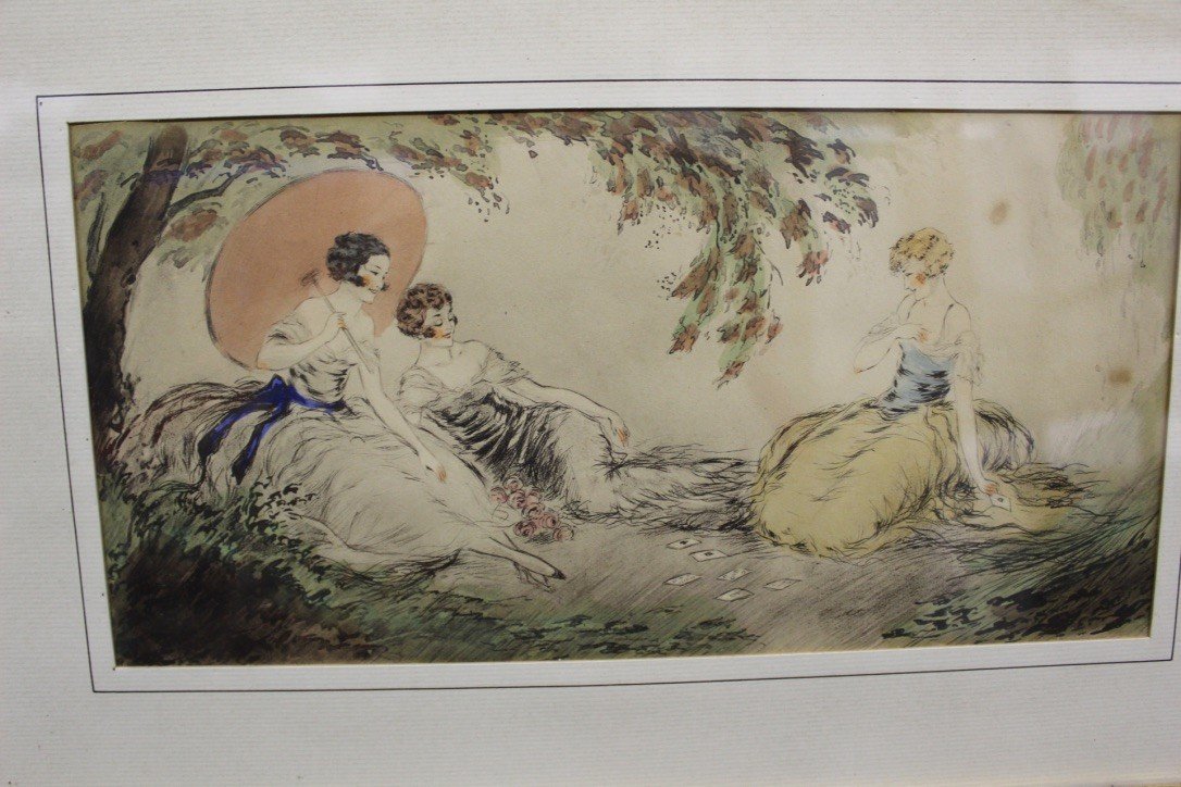 Dessin à l'Encre Et Aquarelle Jeunes Filles Jouant Au Cartes Vers 1900-photo-2