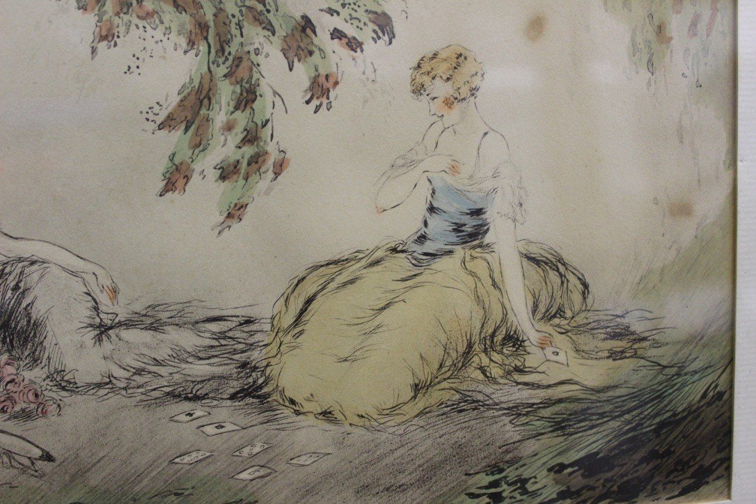 Dessin à l'Encre Et Aquarelle Jeunes Filles Jouant Au Cartes Vers 1900-photo-4