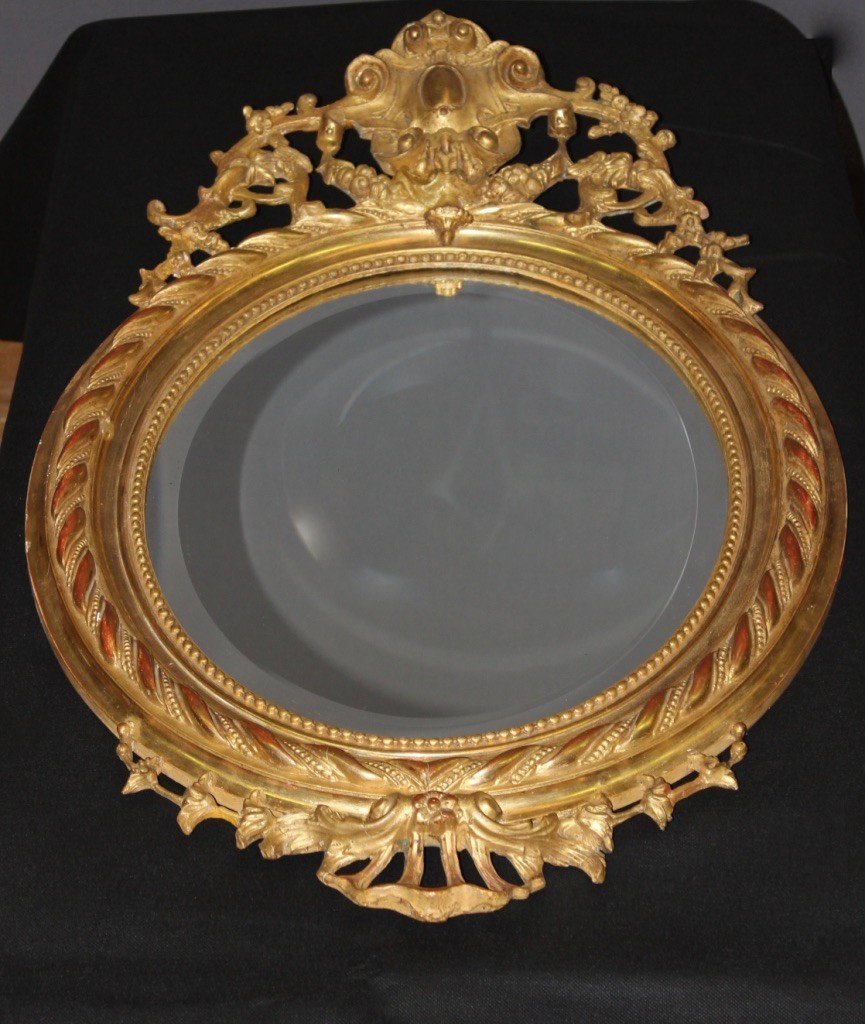 Oval Mirror In Golden Stucco Around 1880-photo-1