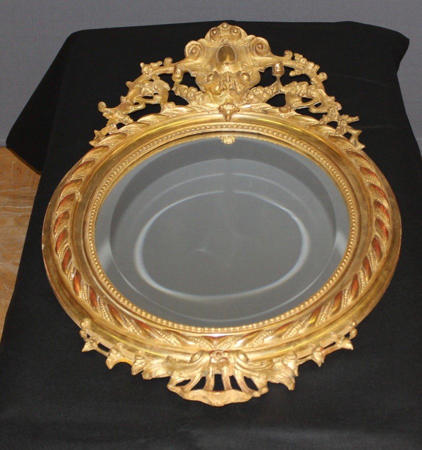 Oval Mirror In Golden Stucco Around 1880-photo-5