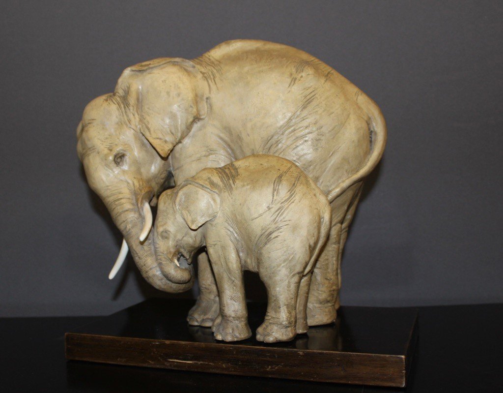Groupe d'éléphants En Terre Cuite Par Guido Cacciapuotti Vers 1930