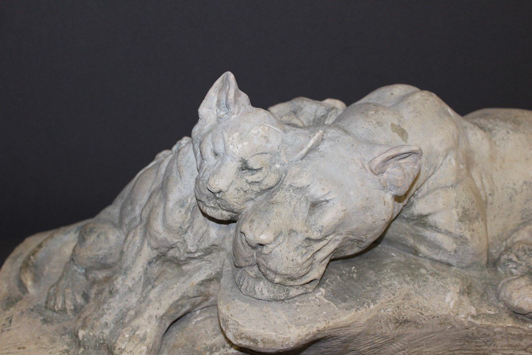 Sculpture En Plâtre Représentant Une Lionne Et Ses Petits Par Francine Cartier-photo-2