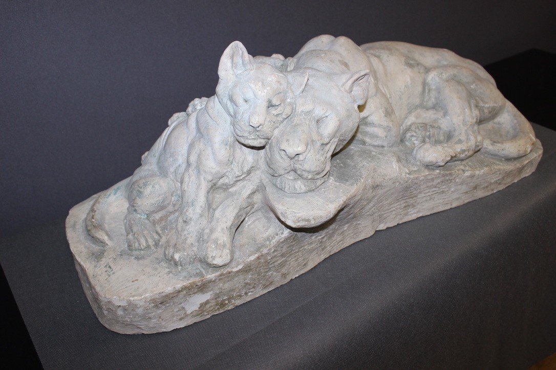 Sculpture En Plâtre Représentant Une Lionne Et Ses Petits Par Francine Cartier-photo-7