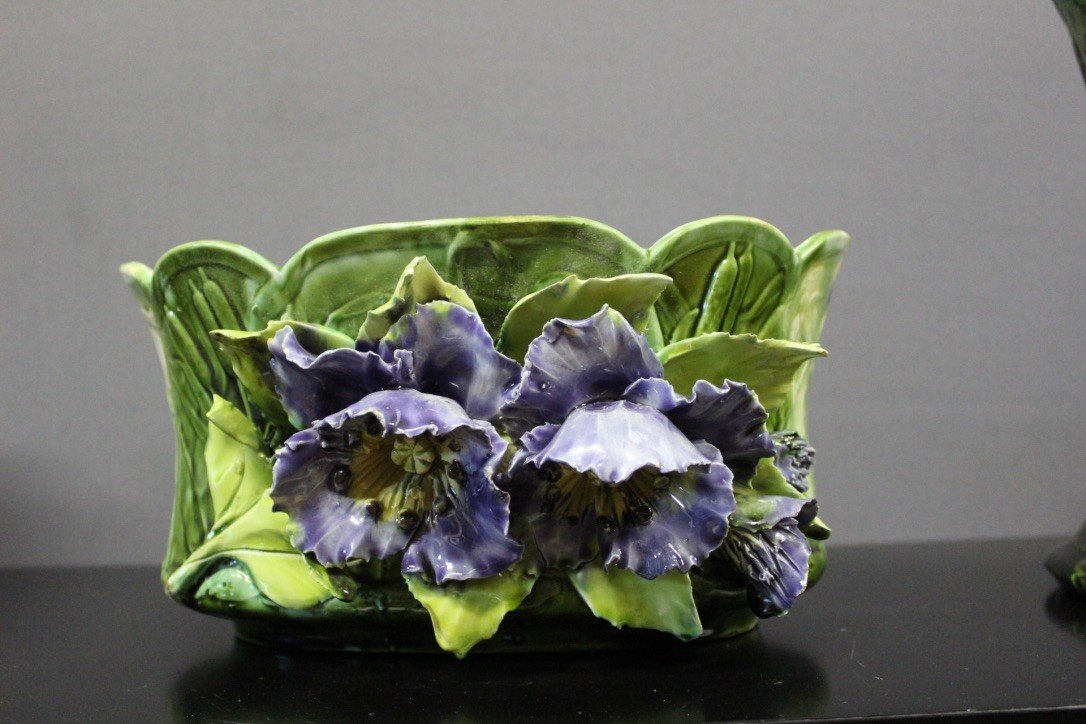 Garniture De Cheminée En Barbotine à Décor De Fleurs Vers 1900-photo-3