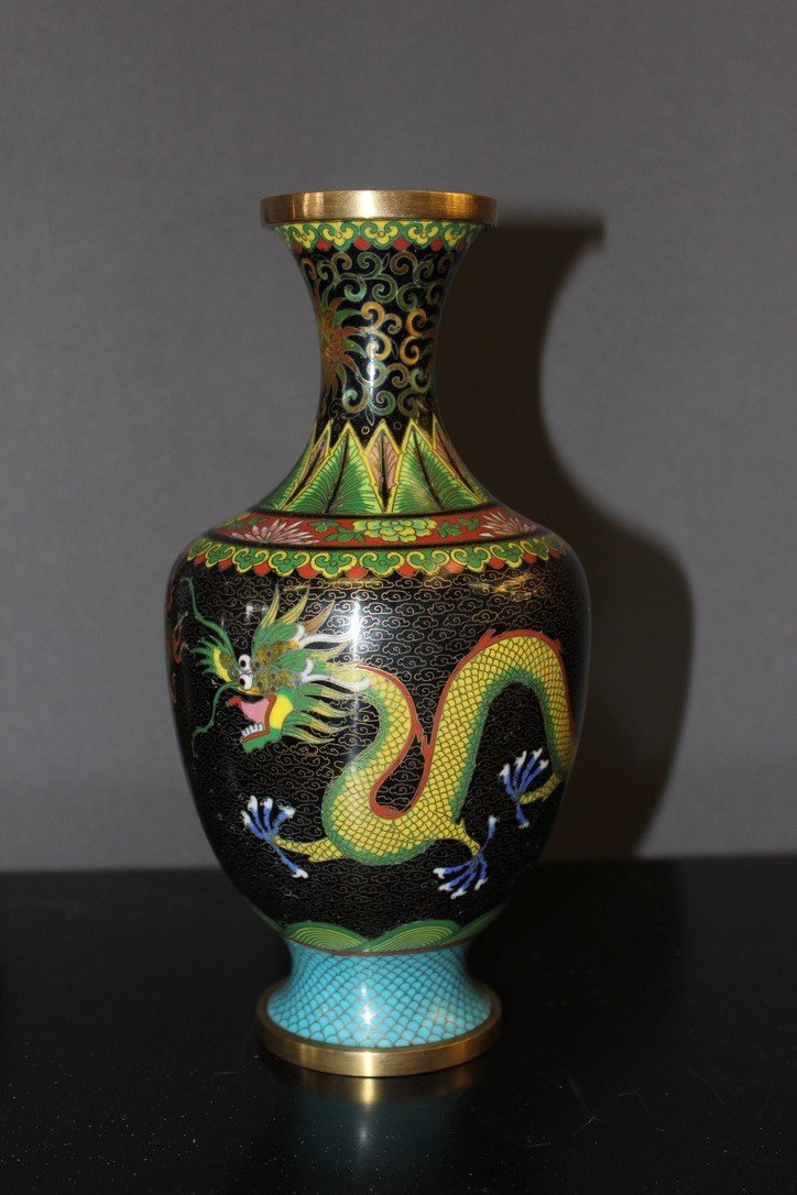 Paire De Vases Cloisonnés Chinois Décor Au Dragon Vers 1900-photo-2