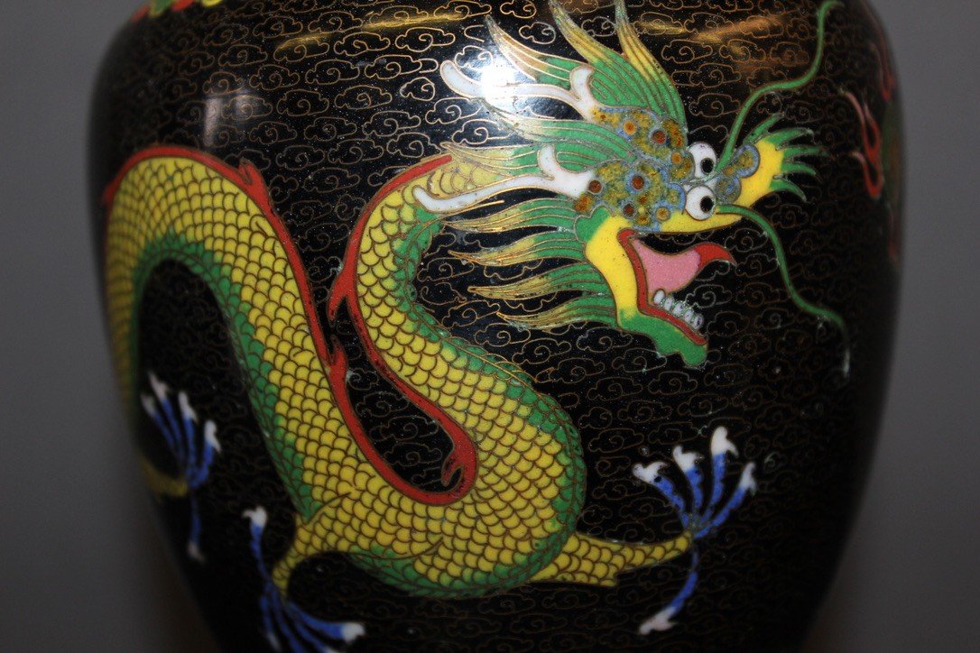 Paire De Vases Cloisonnés Chinois Décor Au Dragon Vers 1900-photo-8