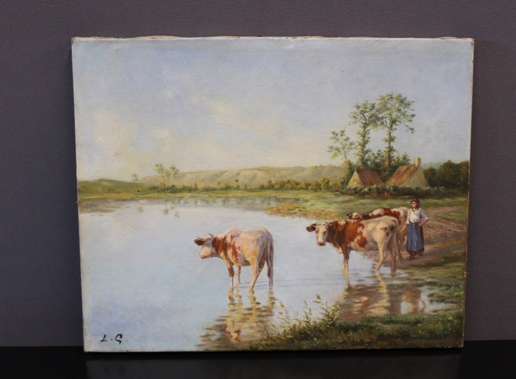 Oil On Canvas Representing Cows At The Edge Of The Pond Around 1900-photo-1