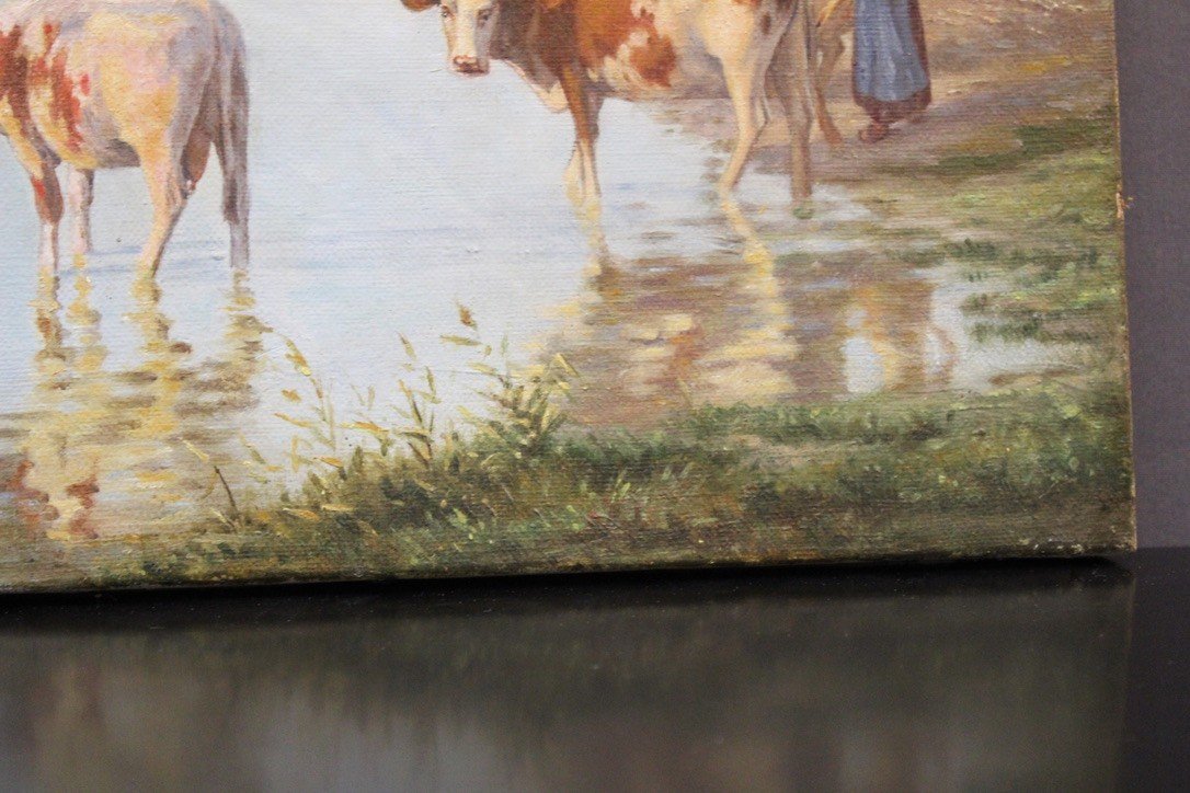 Oil On Canvas Representing Cows At The Edge Of The Pond Around 1900-photo-2