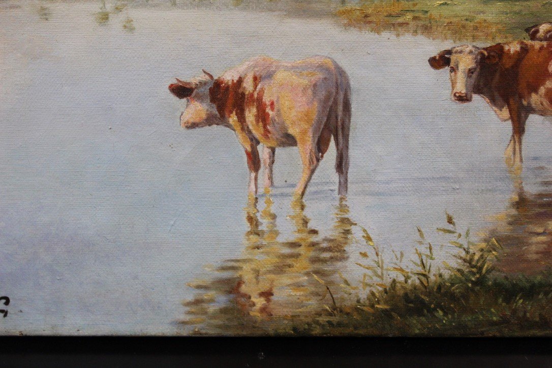 Oil On Canvas Representing Cows At The Edge Of The Pond Around 1900-photo-5