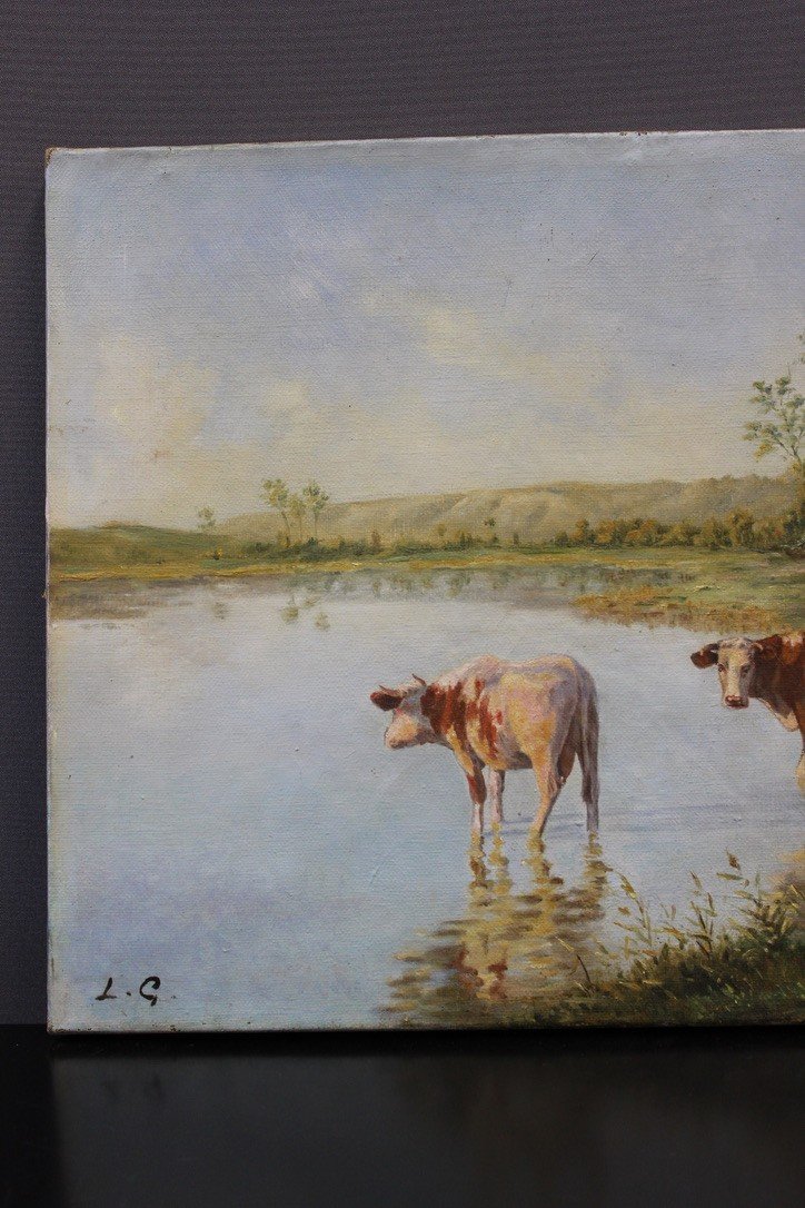 Oil On Canvas Representing Cows At The Edge Of The Pond Around 1900-photo-6