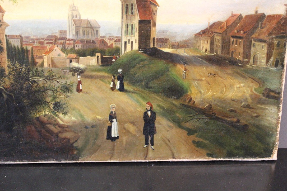 Oil On Canvas Representing A Lively Village Dated 1846-photo-2