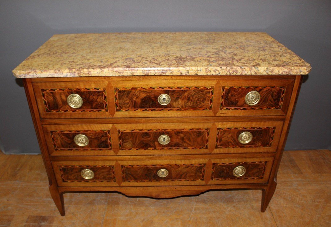 Commode d'époque Louis XVI En Noyer Et  Marqueterie Vers 1780-photo-3